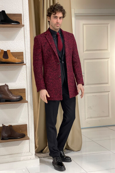 Burgundy, textured wool, single breasted, slim fit mono collar coat. - 5