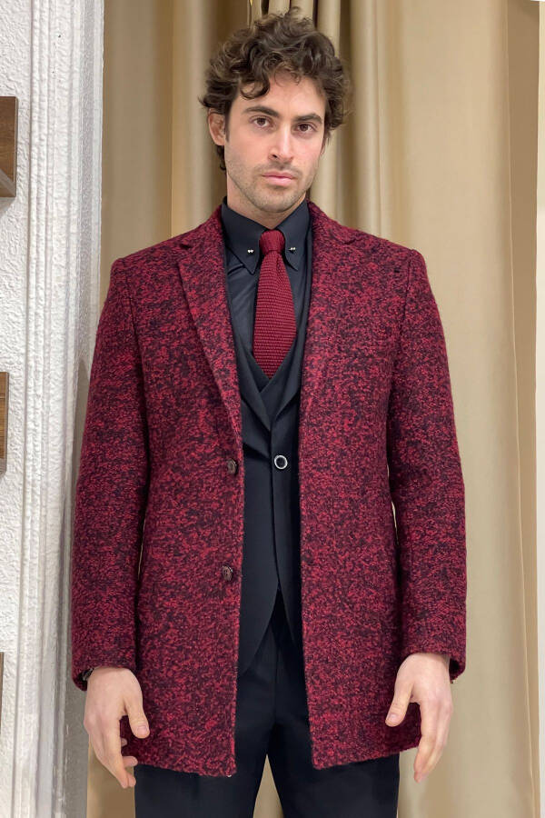 Burgundy, textured wool, single breasted, slim fit mono collar coat. - 6