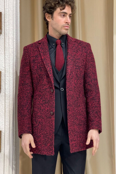 Burgundy, textured wool, single breasted, slim fit mono collar coat. - 7