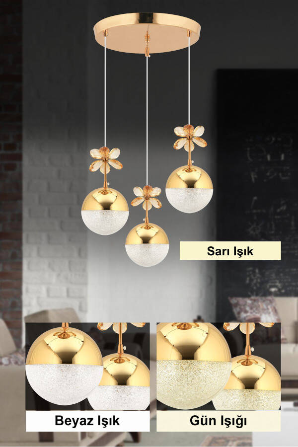 Butterfly 3-Piece Gold 3-Color Tiered Pendant LED Crystal Stone Chandelier - 1