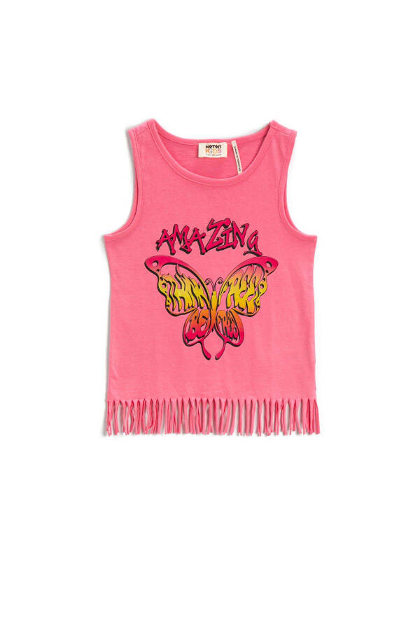 Butterfly printed, tasselled, bisiklet collar, cotton tank top - 1