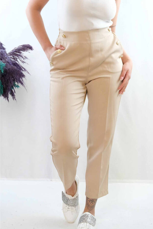 Button Accessory High Waist Trousers Beige - 1