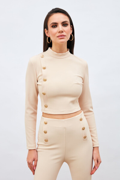 Button Detail Stand Collar Blouse - Beige - 5