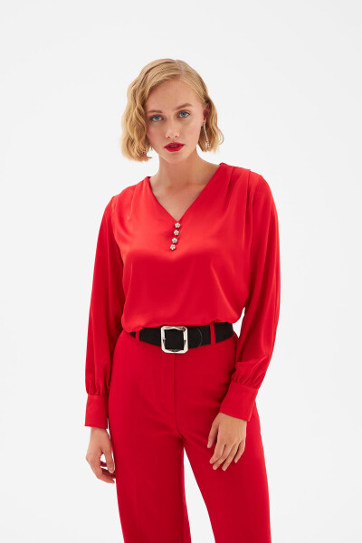 Button Detailed Satin Blouse - Red - 1