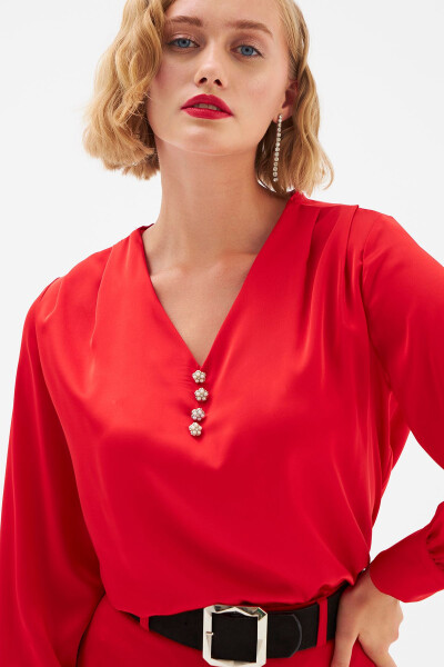 Button Detailed Satin Blouse - Red - 2