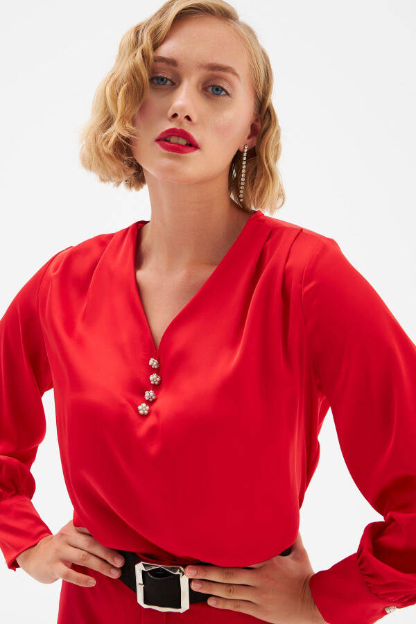 Button Detailed Satin Blouse - Red - 3