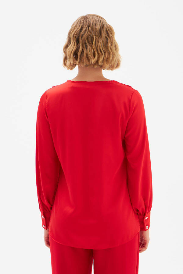 Button Detailed Satin Blouse - Red - 4