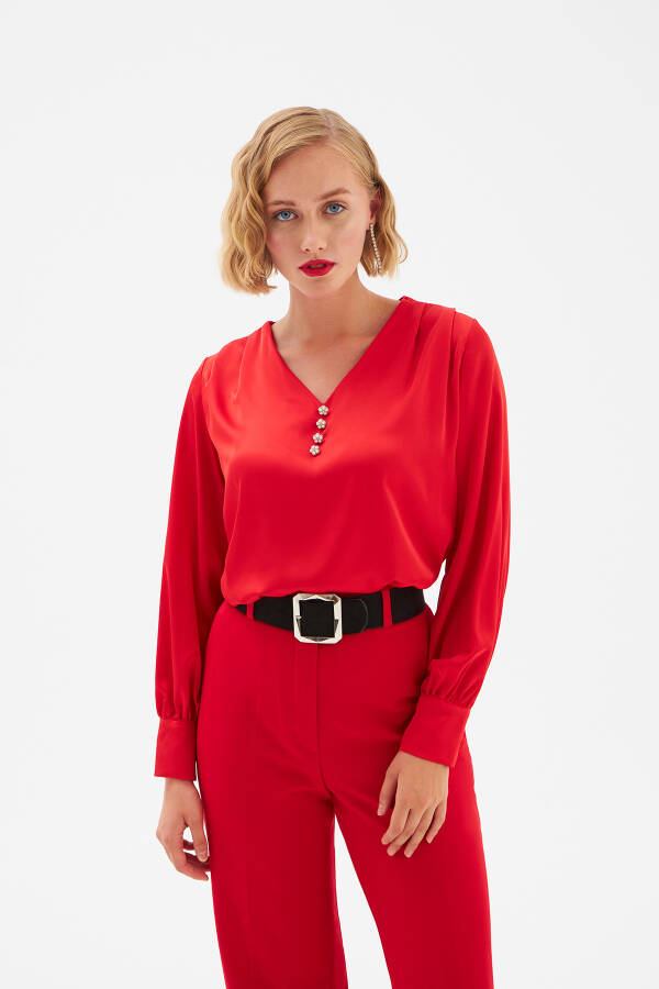 Button Detailed Satin Blouse - Red - 5