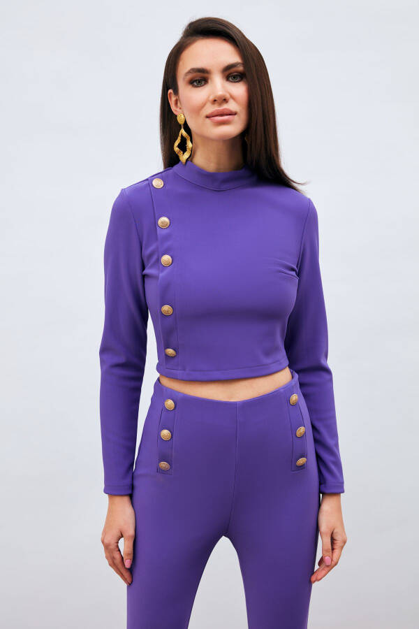 Button Detailed Stand Collar Blouse - Purple - 1