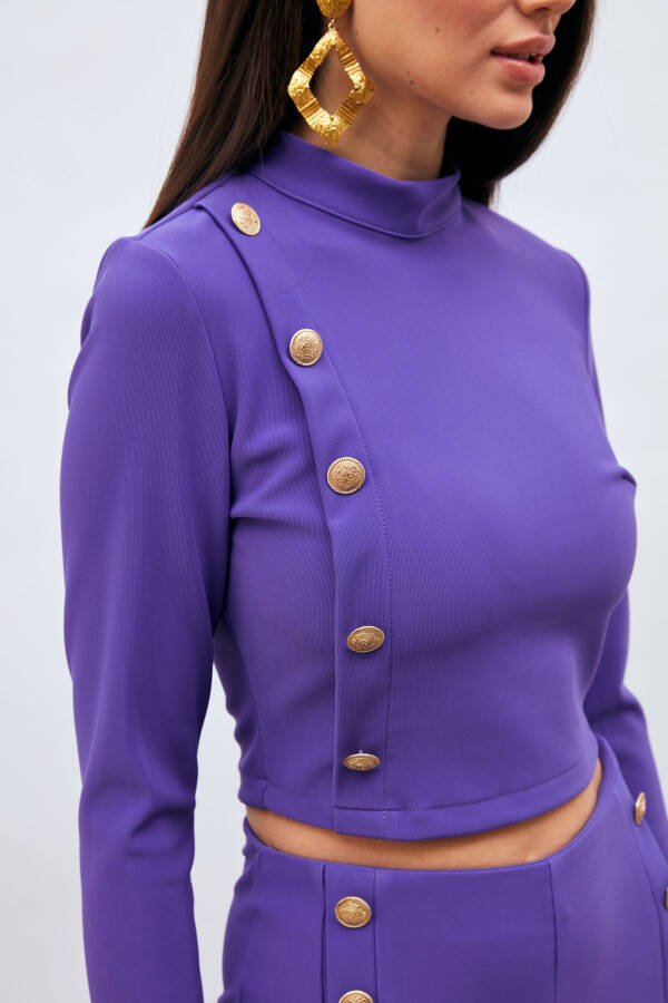 Button Detailed Stand Collar Blouse - Purple - 4