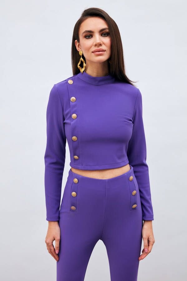 Button Detailed Stand Collar Blouse - Purple - 7