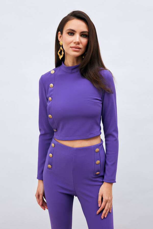 Button Detailed Stand Collar Blouse - Purple - 9