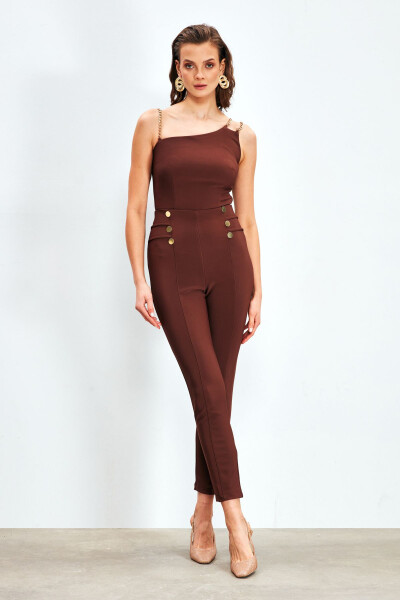 Button Detailed Trousers - COFFEE - 2