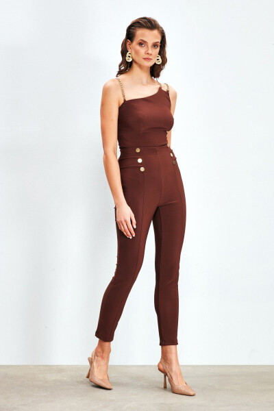 Button Detailed Trousers - COFFEE - 3