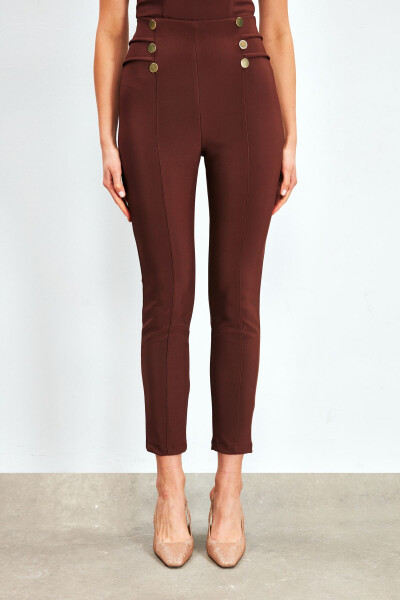 Button Detailed Trousers - COFFEE - 4