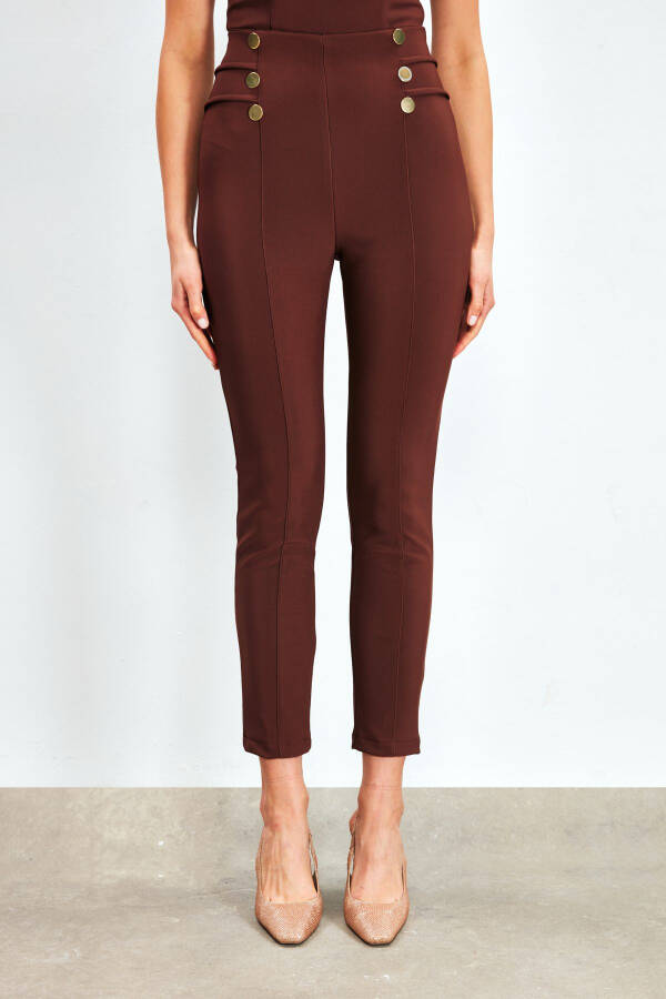 Button Detailed Trousers - COFFEE - 4