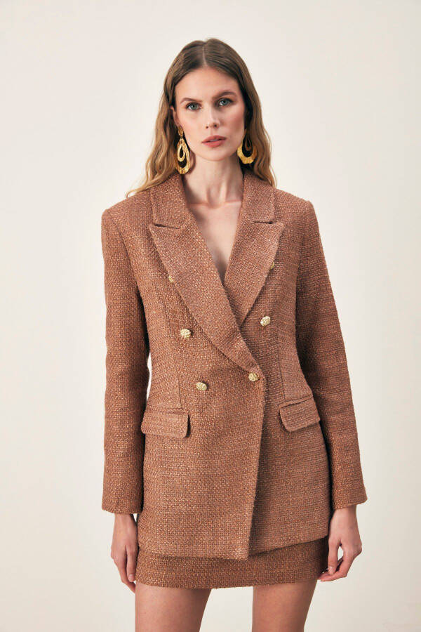 Button Detailed Tweed Jacket - COFFEE - 2