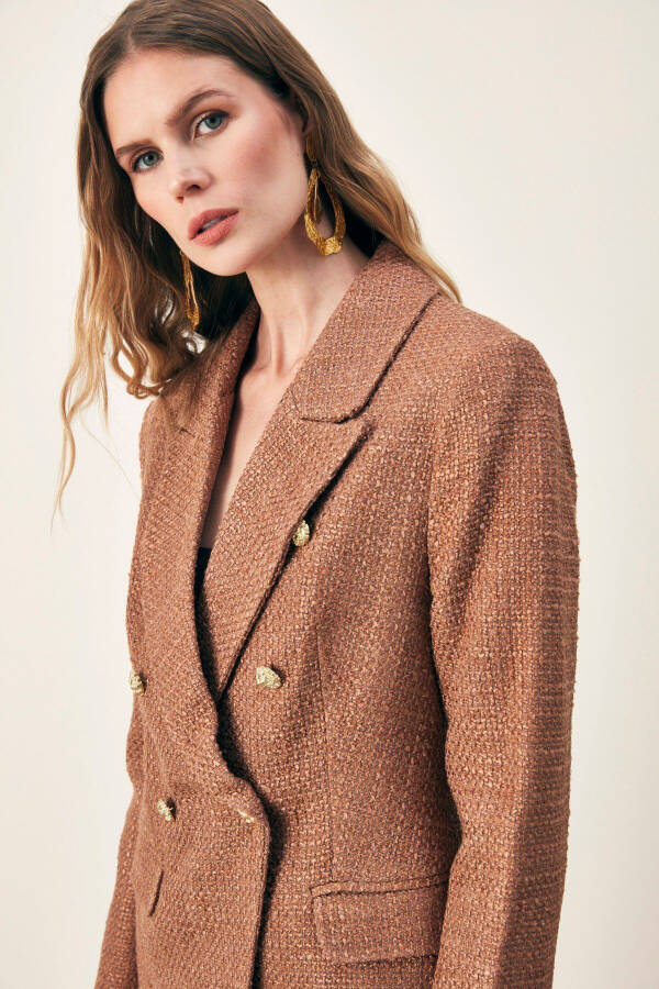 Button Detailed Tweed Jacket - COFFEE - 3