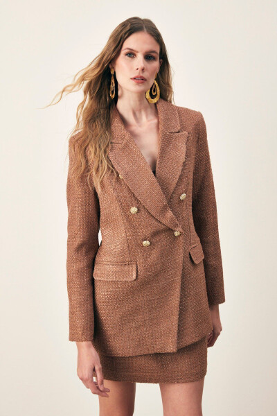 Button Detailed Tweed Jacket - COFFEE - 4