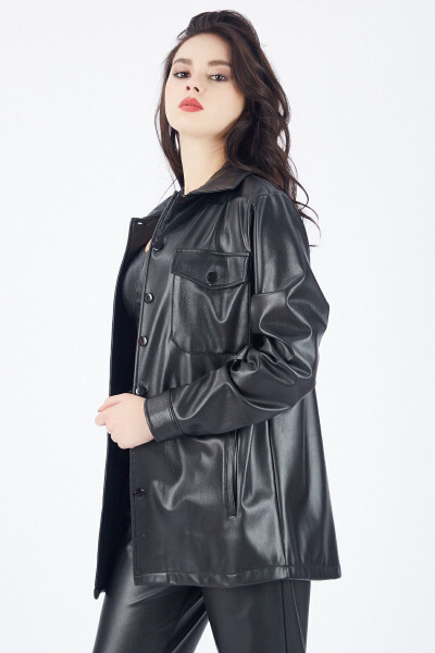 Button-Up U-Sleeve Leather Shirt with Front Pocket Gml33163 Black - 20