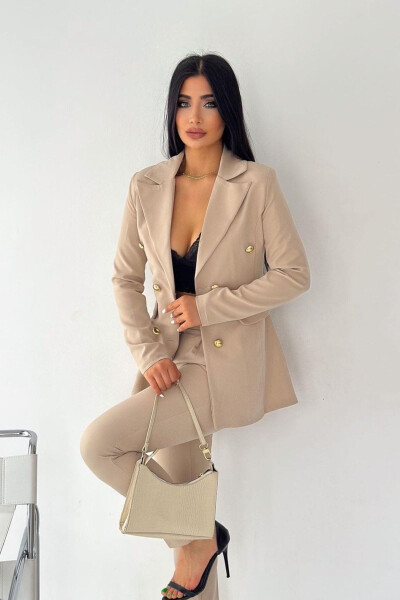 Buttoned Fake Pocket Blazer Jacket Straight Leg Belted Pocket Elastic Pants Asymmetrical Cut Suit Dress - 2