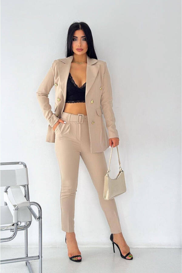 Buttoned Fake Pocket Blazer Jacket Straight Leg Belted Pocket Elastic Pants Asymmetrical Cut Suit Dress - 3