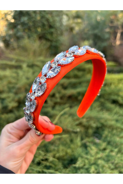 Bym090 Satin 4 Cm Full Baguette Orange Color Thick Stone Stylish Evening Handmade Women's Crown - 13