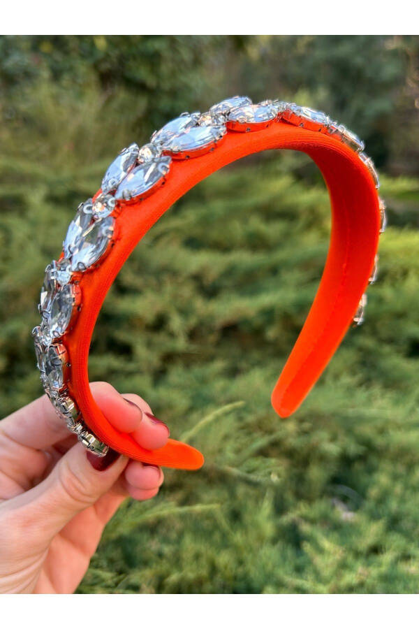 Bym090 Satin 4 Cm Full Baguette Orange Color Thick Stone Stylish Evening Handmade Women's Crown - 14