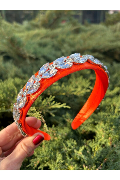 Bym090 Satin 4 Cm Full Baguette Orange Color Thick Stone Stylish Evening Handmade Women's Crown - 15