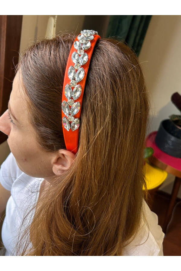 Bym090 Satin 4 Cm Full Baguette Orange Color Thick Stone Stylish Evening Handmade Women's Crown - 17