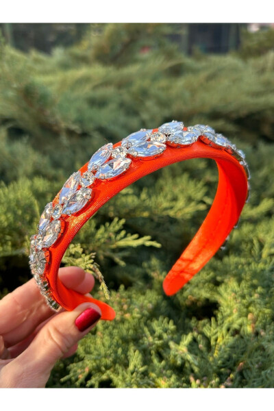 Bym090 Satin 4 Cm Full Baguette Orange Color Thick Stone Stylish Evening Handmade Women's Crown - 10