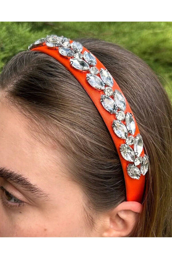 Bym090 Satin 4 Cm Full Baguette Orange Color Thick Stone Stylish Evening Handmade Women's Crown - 3