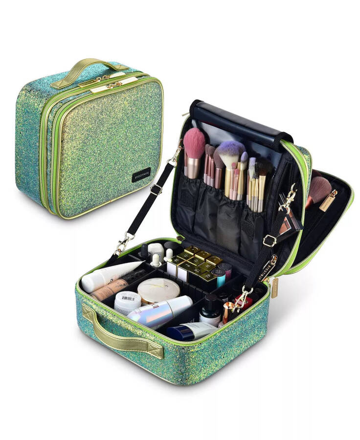 Byootique Portable Glitter Makeup Train Case Brush Holder Cosmetic Bag Travel Green - 1