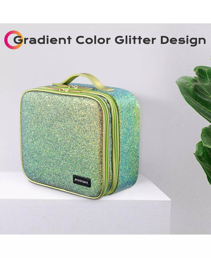 Byootique Portable Glitter Makeup Train Case Brush Holder Cosmetic Bag Travel Green - 3