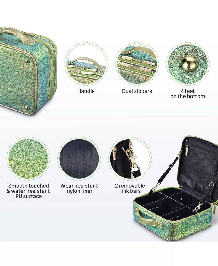 Byootique Portable Glitter Makeup Train Case Brush Holder Cosmetic Bag Travel Green - 4