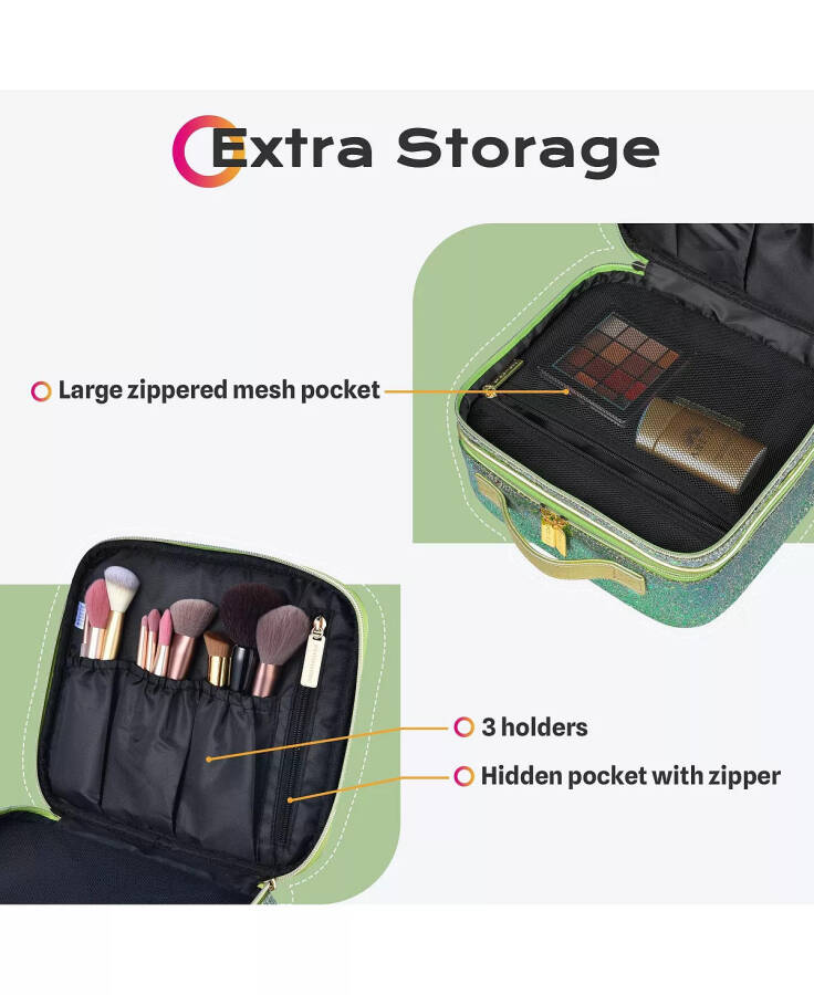 Byootique Portable Glitter Makeup Train Case Brush Holder Cosmetic Bag Travel Green - 6