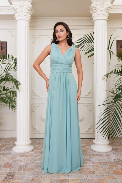 Çağla Chiffon V-Neck Long Evening Dress - 1