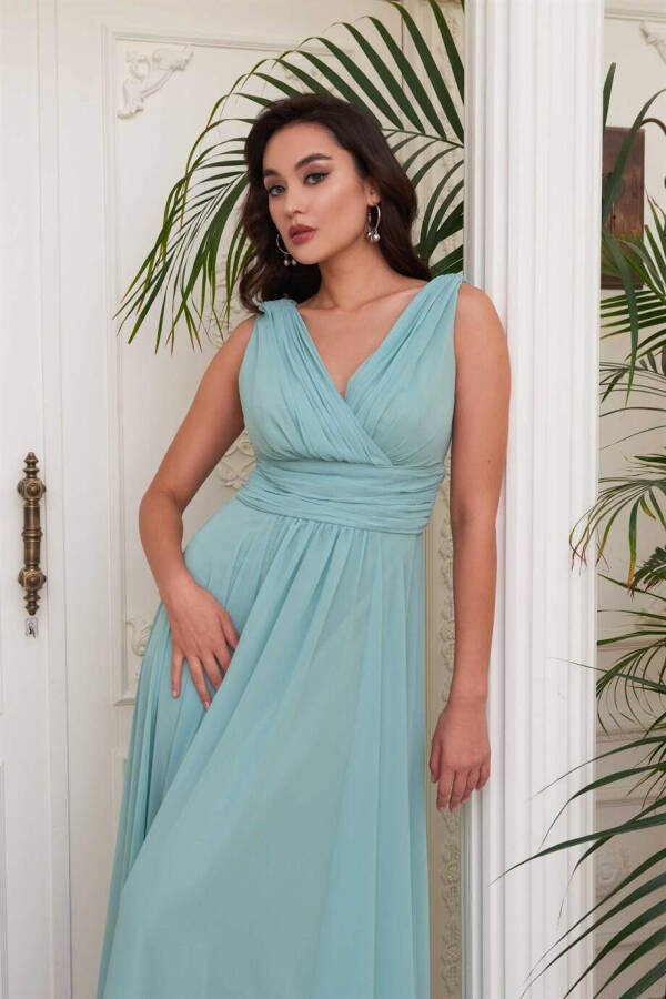 Çağla Chiffon V-Neck Long Evening Dress - 2