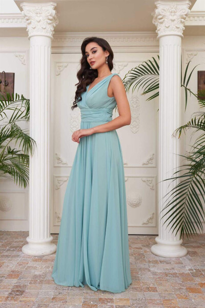 Çağla Chiffon V-Neck Long Evening Dress - 3