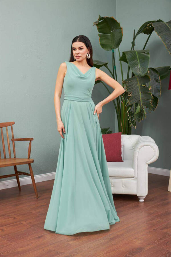 Çağla Chiffon V-Neck Long Evening Dress and Occasion Dress - 6