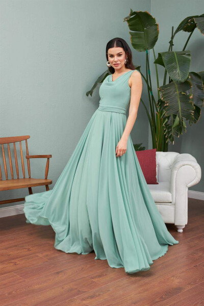 Çağla Chiffon V-Neck Long Evening Dress and Occasion Dress - 8