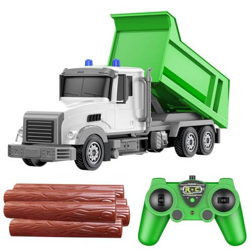 CALEST Remote Control Construction Dump Truck Toy RC Vehicle, 6 Channel Truck Toys with 6 pcs Wood, 2 Rechargeable Batteries, 1/24 Scale Dump Truck，Birthday Gifts Ideas for Boys Age 3-8 Year Old - 1