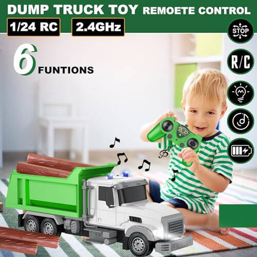 CALEST Remote Control Construction Dump Truck Toy RC Vehicle, 6 Channel Truck Toys with 6 pcs Wood, 2 Rechargeable Batteries, 1/24 Scale Dump Truck，Birthday Gifts Ideas for Boys Age 3-8 Year Old - 2