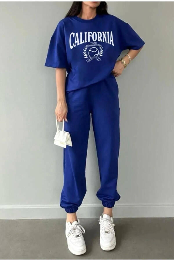 California Tennis T-shirt Jogger Pants - Blue Printed Tracksuit Oversize Crew Neck - 4