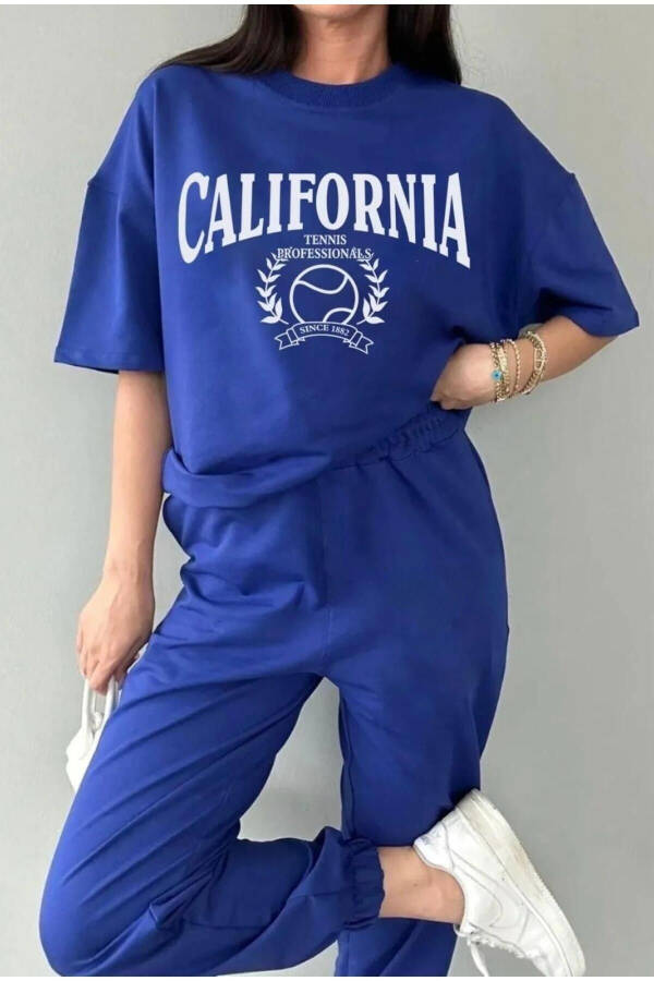 California Tennis T-shirt Jogger Pants - Blue Printed Tracksuit Oversize Crew Neck - 6