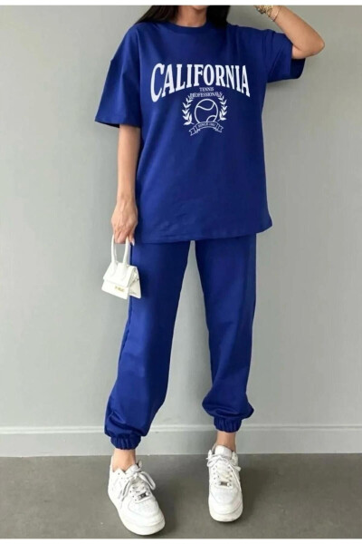 California Tennis T-shirt Jogger Pants - Blue Printed Tracksuit Oversize Crew Neck - 2