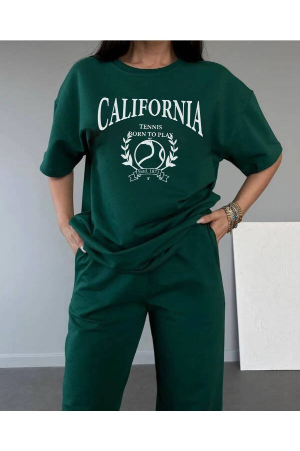 California Tennis T-shirt Jogger Pants - Green Printed Tracksuit Oversize Crew Neck - 3