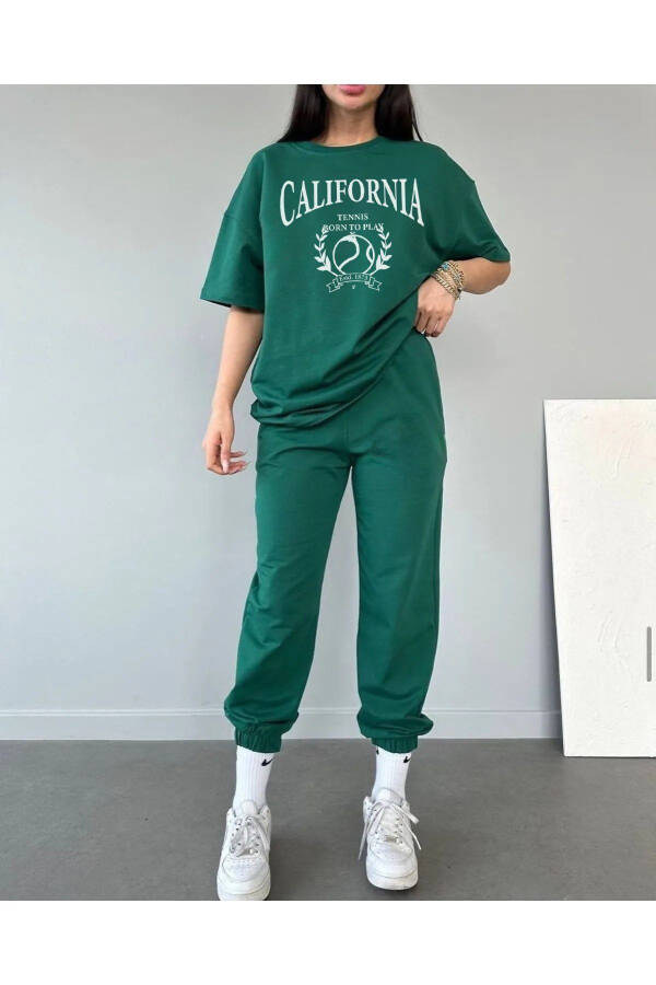 California Tennis T-shirt Jogger Pants - Green Printed Tracksuit Oversize Crew Neck - 4