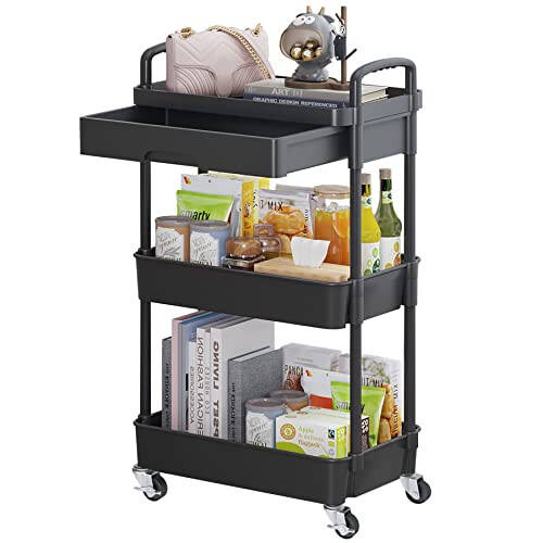 Calmootey 3-Tier Rolling Utility Cart with Drawer, Multifunctional Storage Organizer with Plastic Shelf & Metal Wheels, Storage Cart for Kitchen, Bathroom, Living Room, Office, Black - 1