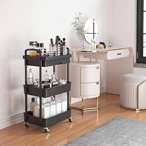 Calmootey 3-Tier Rolling Utility Cart with Drawer, Multifunctional Storage Organizer with Plastic Shelf & Metal Wheels, Storage Cart for Kitchen, Bathroom, Living Room, Office, Black - 2